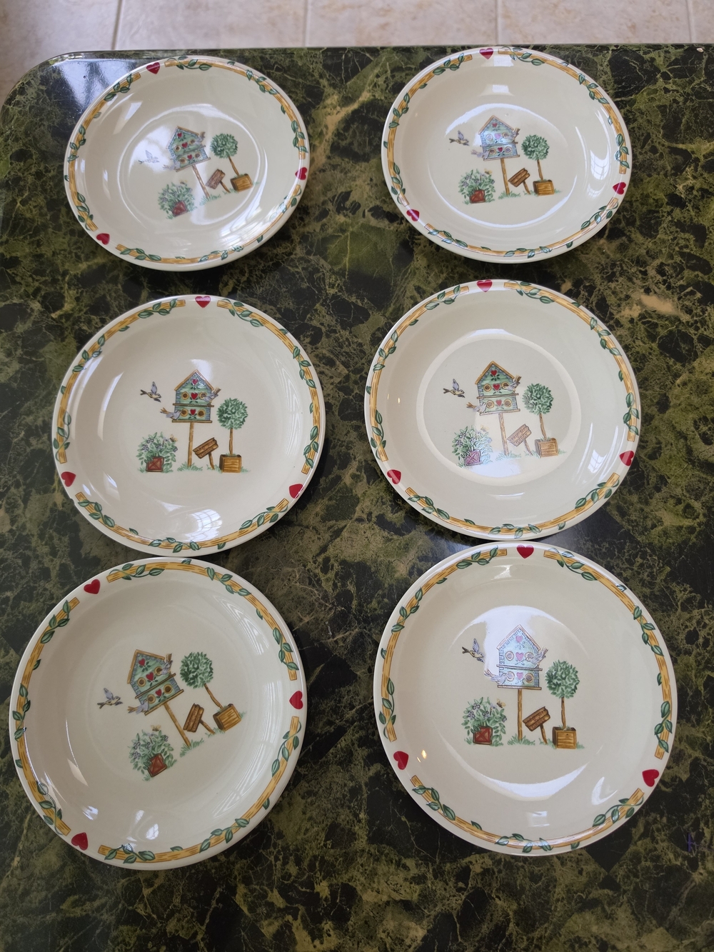 Cream Birdhouse Pattern Ceramic Saucer- Set of 6"